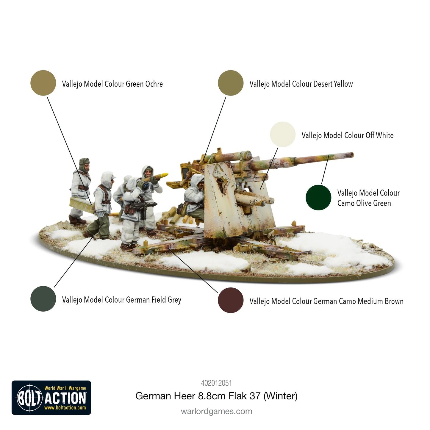 German Heer 8.8cm Flak 37 Winter Bolt Action - schemat malowania Vallejo: działo dunkelgelb (Desert Yellow + Green Ochre + Camo Olive Green + Off White), mundury załogi German Field Grey + German Camo Medium Brown, owalna podstawka ze śniegiem, logo Bolt Action, kod 402012051