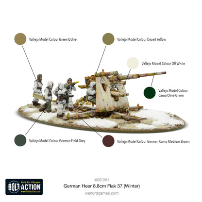German Heer 8.8cm Flak 37 Winter Bolt Action - schemat malowania Vallejo: działo dunkelgelb (Desert Yellow + Green Ochre + Camo Olive Green + Off White), mundury załogi German Field Grey + German Camo Medium Brown, owalna podstawka ze śniegiem, logo Bolt Action, kod 402012051