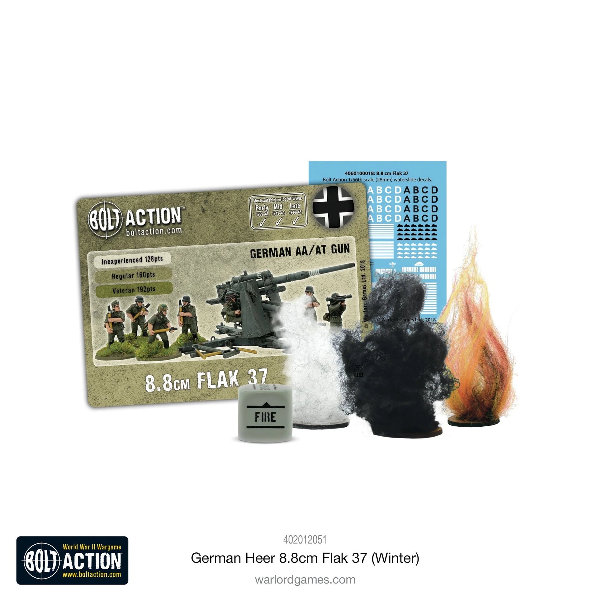 German Heer 8.8cm Flak 37 Winter Bolt Action - zawartość zestawu: karta statystyk German AA/AT Gun (Inexperienced 128pts, Regular 160pts, Veteran 192pts), arkusz kalkomanii 4060100018 z krzyżami i literami ABCD, trzy znaczniki uszkodzeń (biały dym, czarny dym, ogień), kod 402012051
