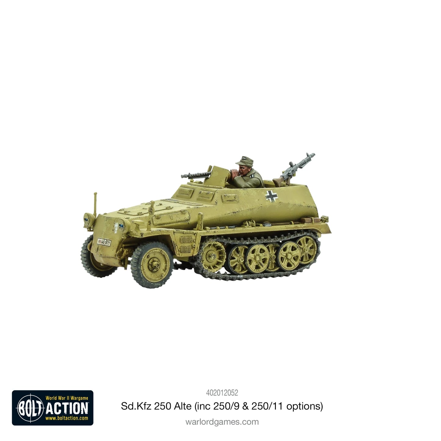 Sd.Kfz 250 Alte Half-Track - Bolt Action 28mm - lekki pojazd rozpoznawczy Wehrmacht z figurką załogi - kamuflaż dunkelgelb - widok z boku