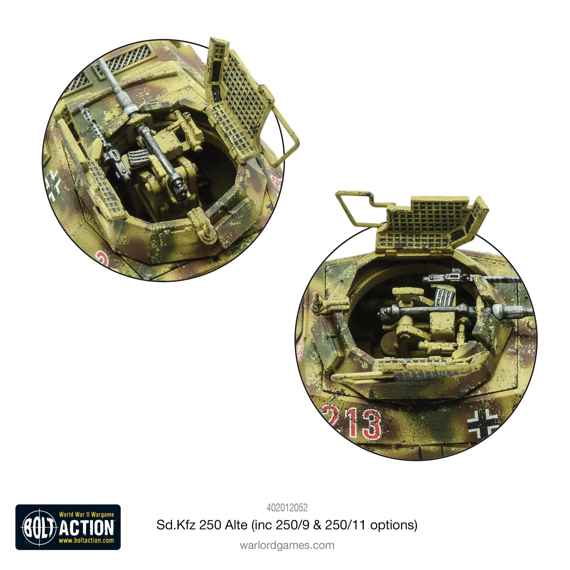 Sd.Kfz 250 Alte Half-Track - Bolt Action 28mm - detale wnętrza pojazdu z figurkami załogi i karabinami maszynowymi MG34 - widok z góry - Warlord Games