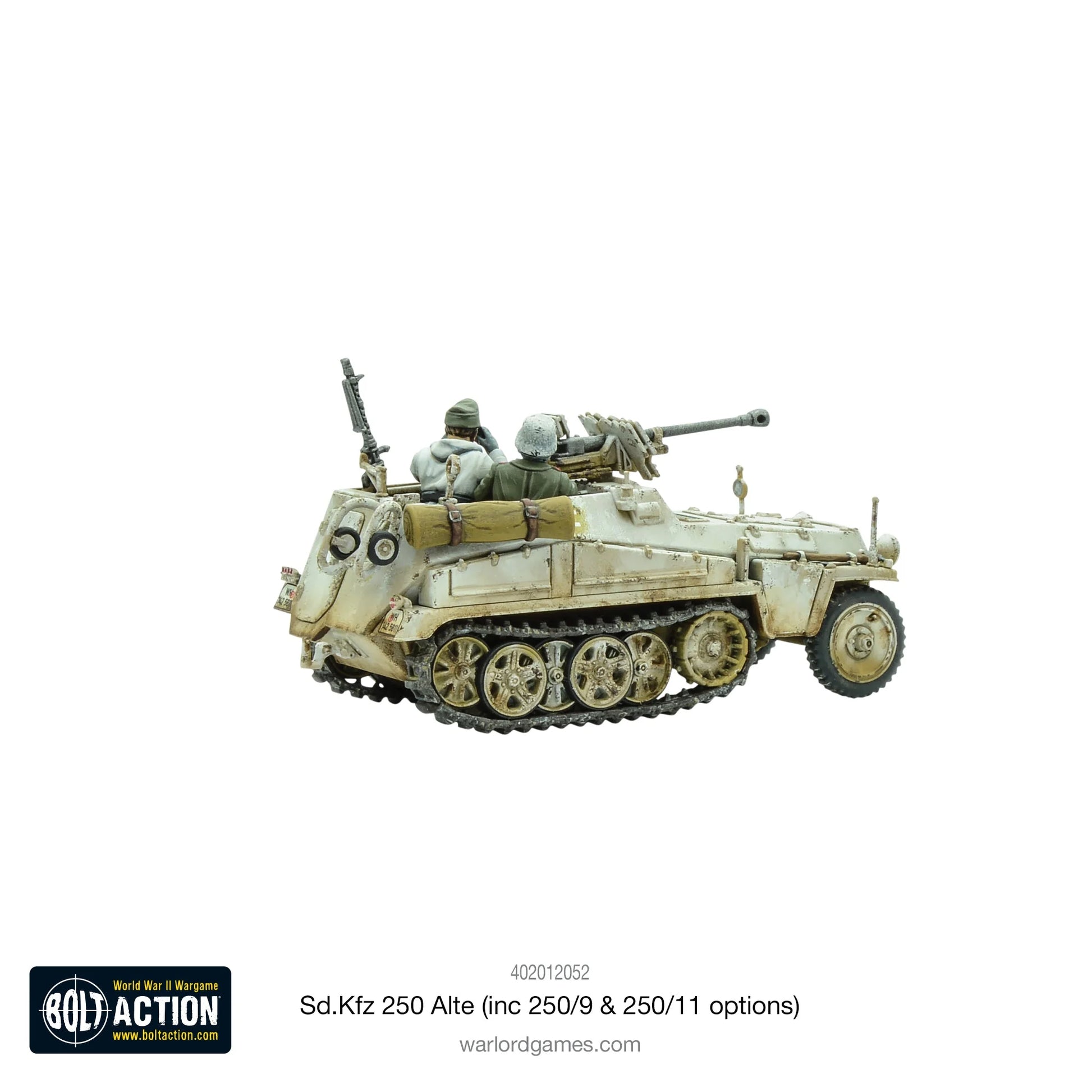 Sd.Kfz 250/11 Alte Half-Track - Bolt Action 28mm - pojazd dowódcy z karabinem przeciwpancernym 2,8cm PzB 41 i załogą w mundurach zimowych - widok z prawej strony - Warlord Games
