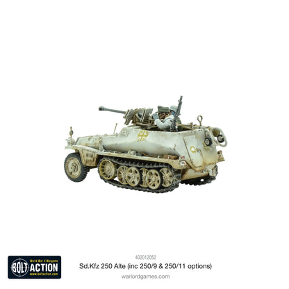 Sd.Kfz 250/11 Alte Half-Track - Bolt Action 28mm - niemiecki transporter gąsienicowy z załogą Wehrmacht - kamuflaż pustynny - widok z lewej strony - skala 1/56