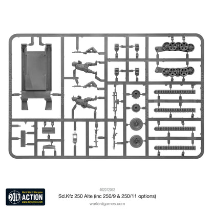 Sd.Kfz 250 Alte Half-Track - Bolt Action 28mm - ramka plastikowa z gąsienicami, kołami i figurkami załogi - części do samodzielnego montażu - skala 1/56
