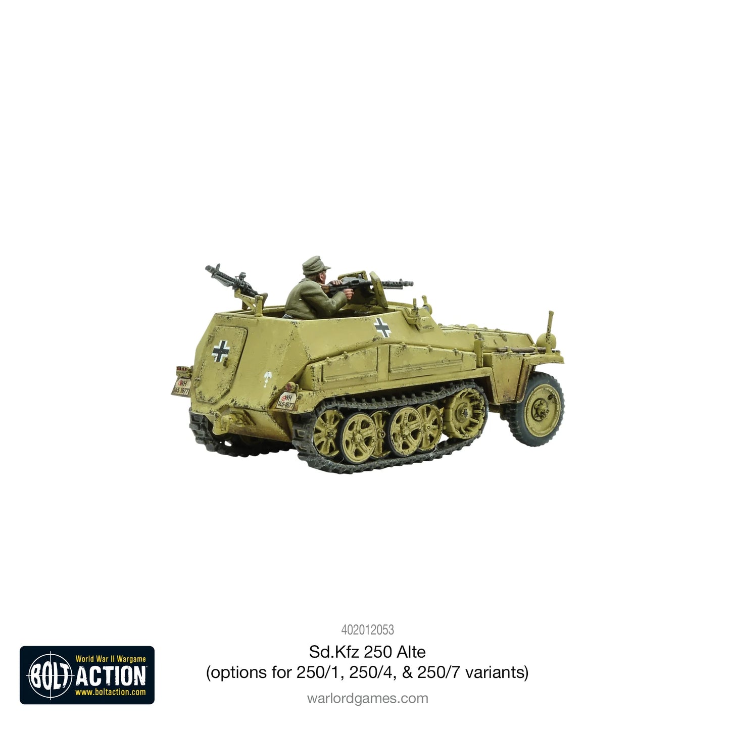 Sd.Kfz 250 Alte – widok z tyłu lewego, malowanie dunkelgelb, dwa MG34, figurka załogi, skala 1/56 28mm
