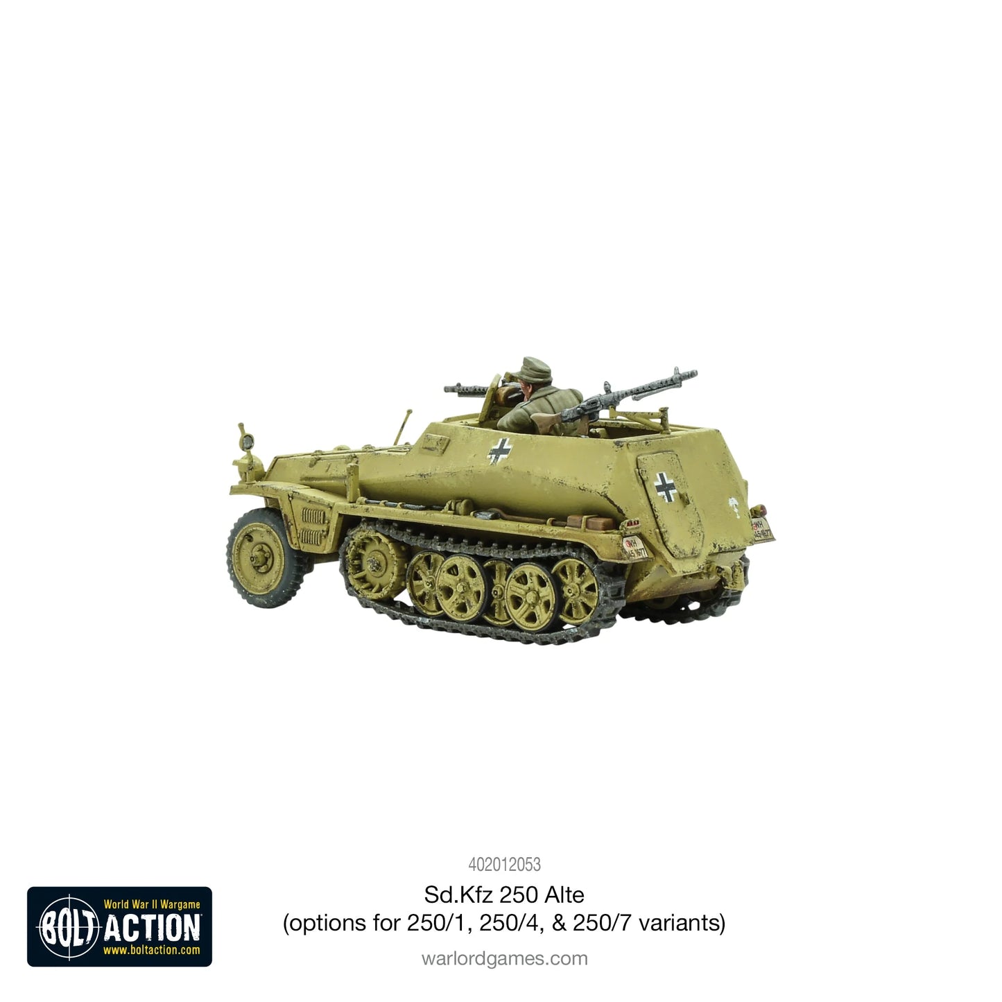 Sd.Kfz 250 Alte – widok z tyłu prawego, malowanie dunkelgelb, gąsienice i tylna płyta pancerza, skala 1/56 28mm
