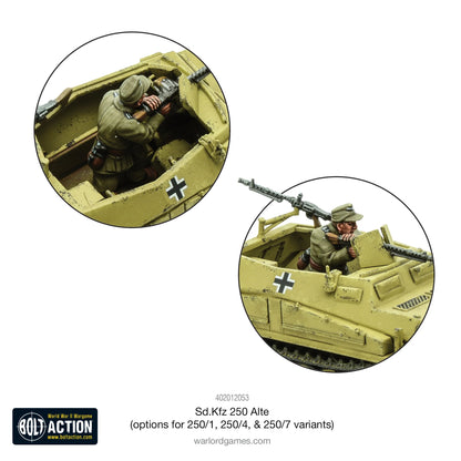 Sd.Kfz 250 Alte – detal wnętrza z figurką załogi obsługującą MG34 od tyłu oraz figurką strzelca przy MG34 z przodu, malowanie dunkelgelb
