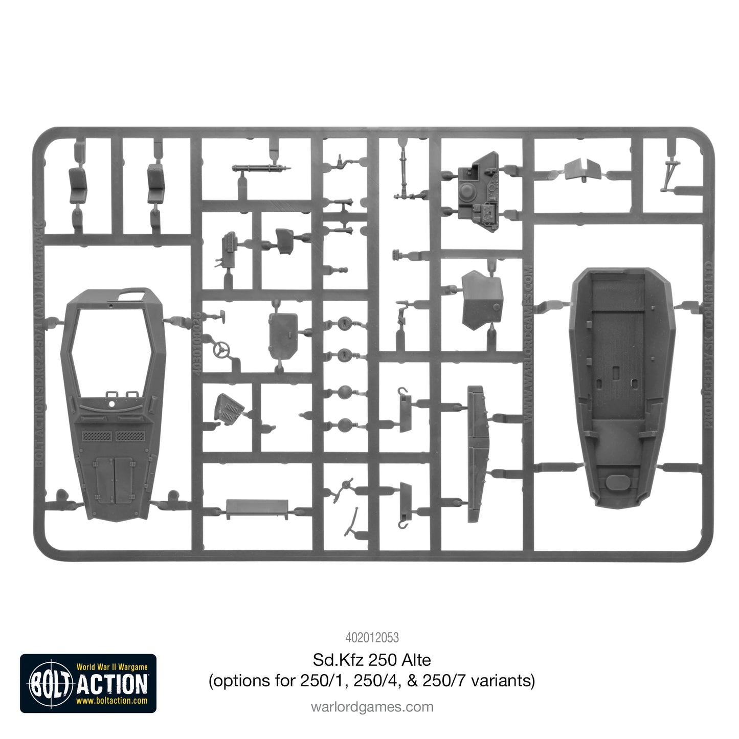 Sd.Kfz 250 Alte – wypraska plastikowa nr 1: elementy kadłuba, pancerza, wyposażenia wnętrza i broni, skala 1/56 28mm
