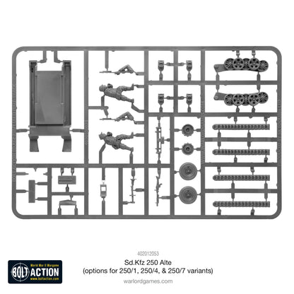 Sd.Kfz 250 Alte – wypraska plastikowa nr 2: figurki załogi, gąsienice, koła jezdne i elementy podwozia, skala 1/56 28mm
