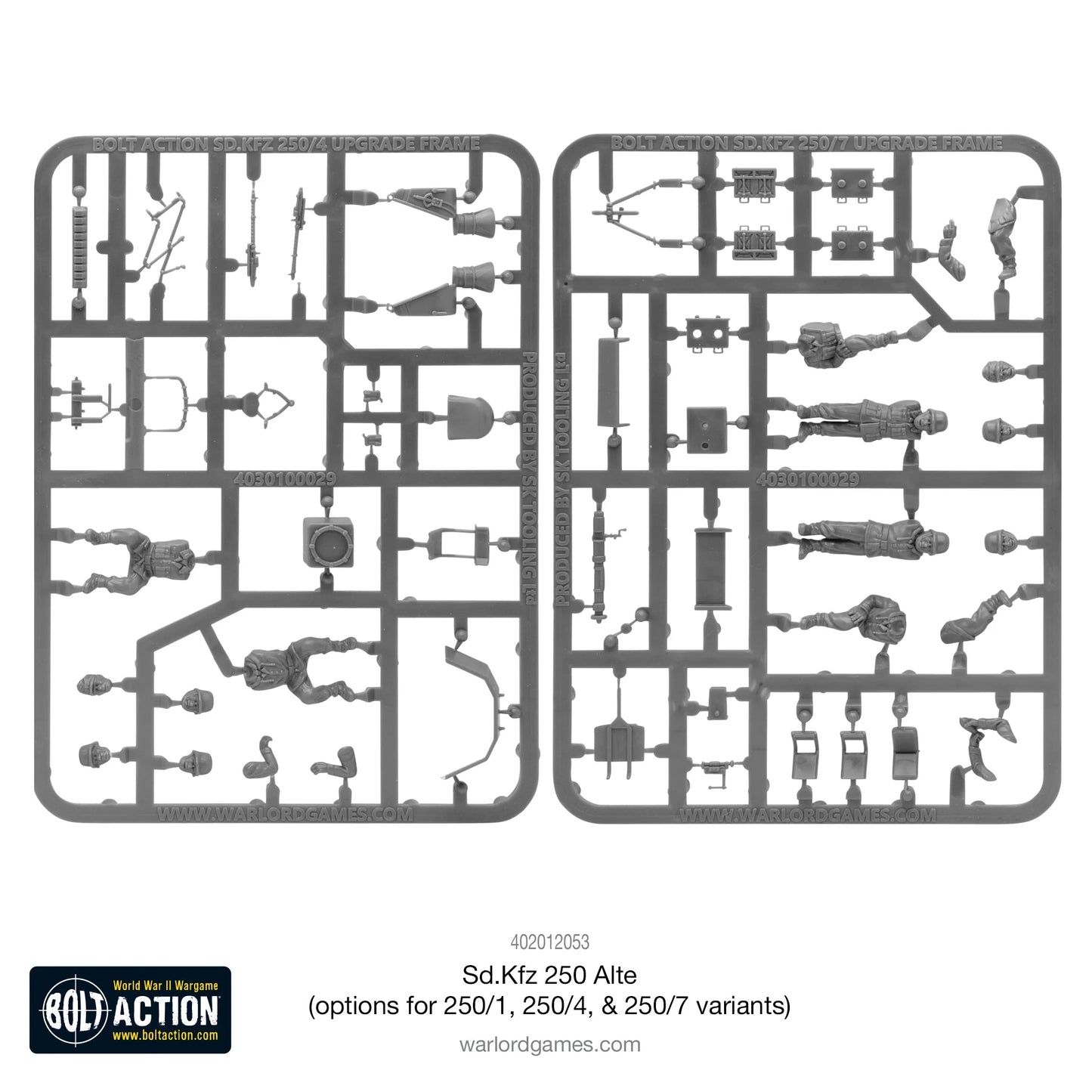 Sd.Kfz 250 Alte – wypraska upgrade: lewa – wariant 250/4 (podwójne MG34, antena), prawa – wariant 250/7 (moździerz 8,1cm, figurki załogi)
