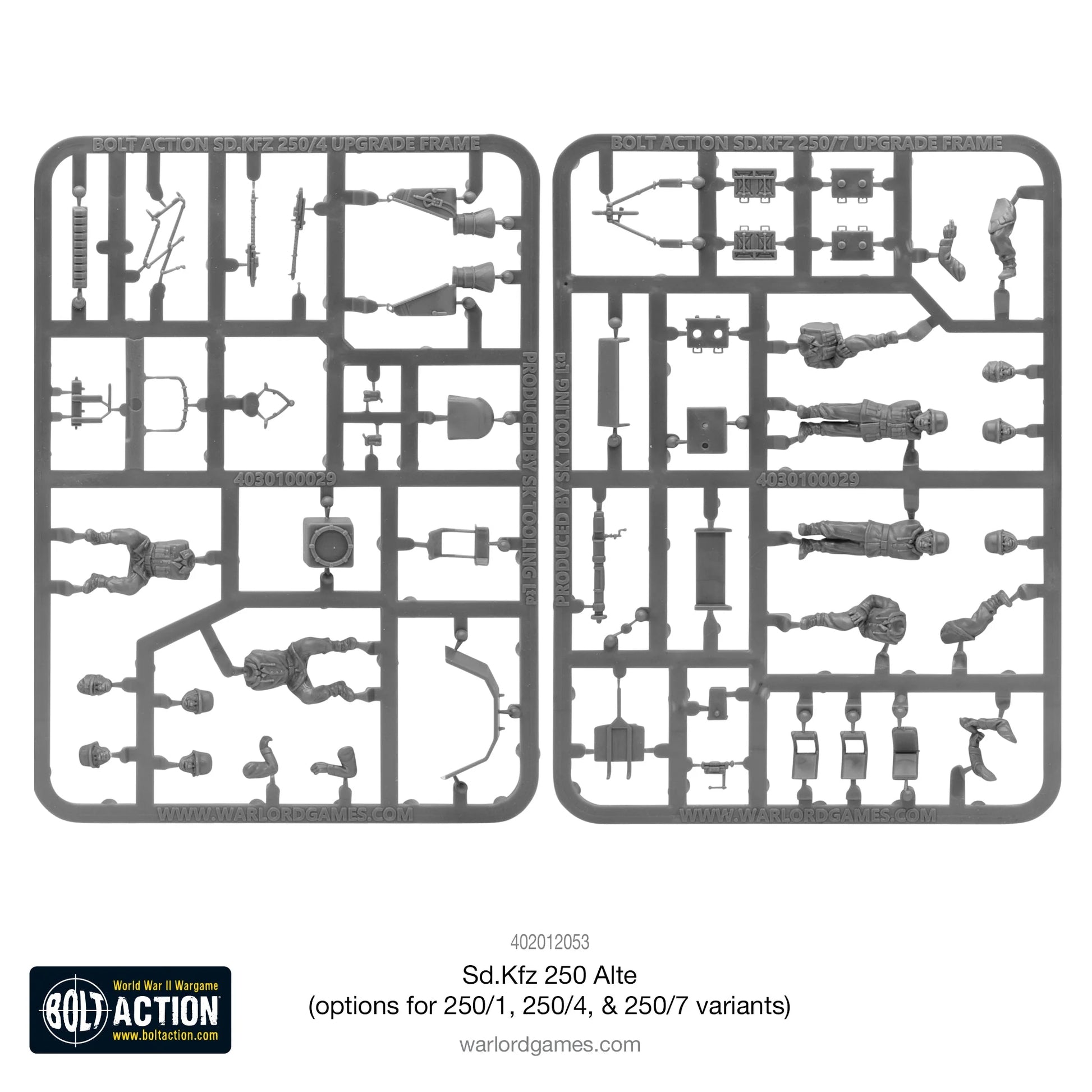 Sd.Kfz 250 Alte – wypraska upgrade: lewa – wariant 250/4 (podwójne MG34, antena), prawa – wariant 250/7 (moździerz 8,1cm, figurki załogi)
