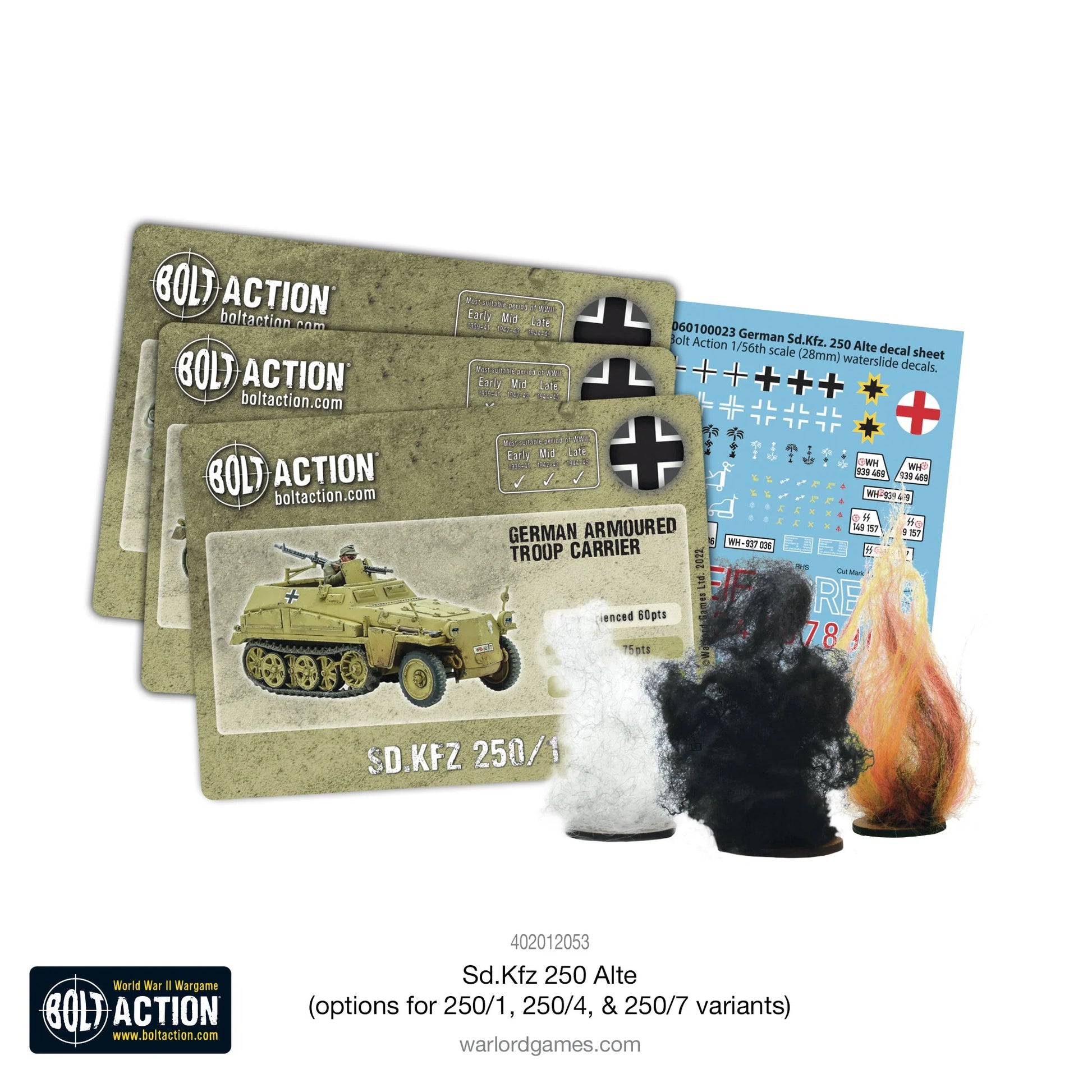 Sd.Kfz 250 Alte – zawartość zestawu: 3 karty statystyk Bolt Action, arkusz kalkomanii waterslide, znaczniki dymu i ognia
