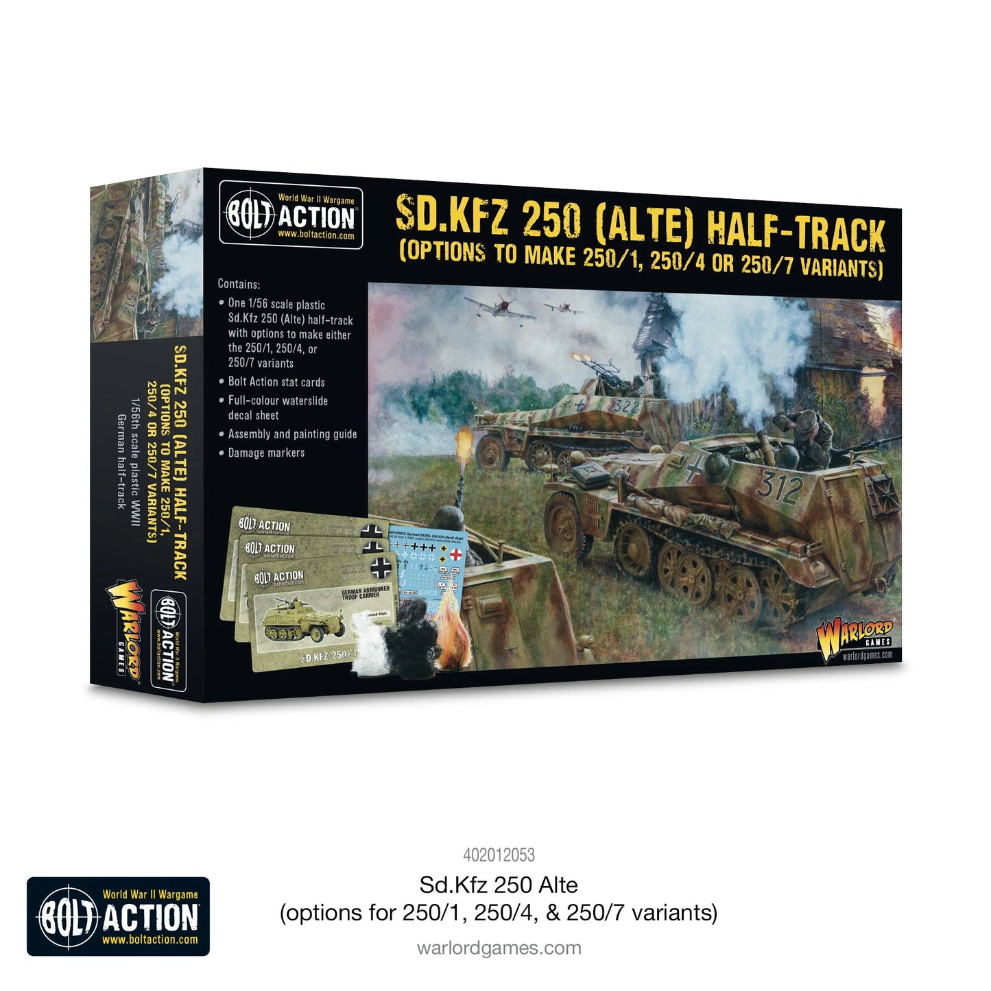 Sd.Kfz 250 Alte – pudełko zestawu Warlord Games: opcje 250/1, 250/4 i 250/7, ilustracja bojowa z dwoma półgąsienicowcami na polu bitwy
