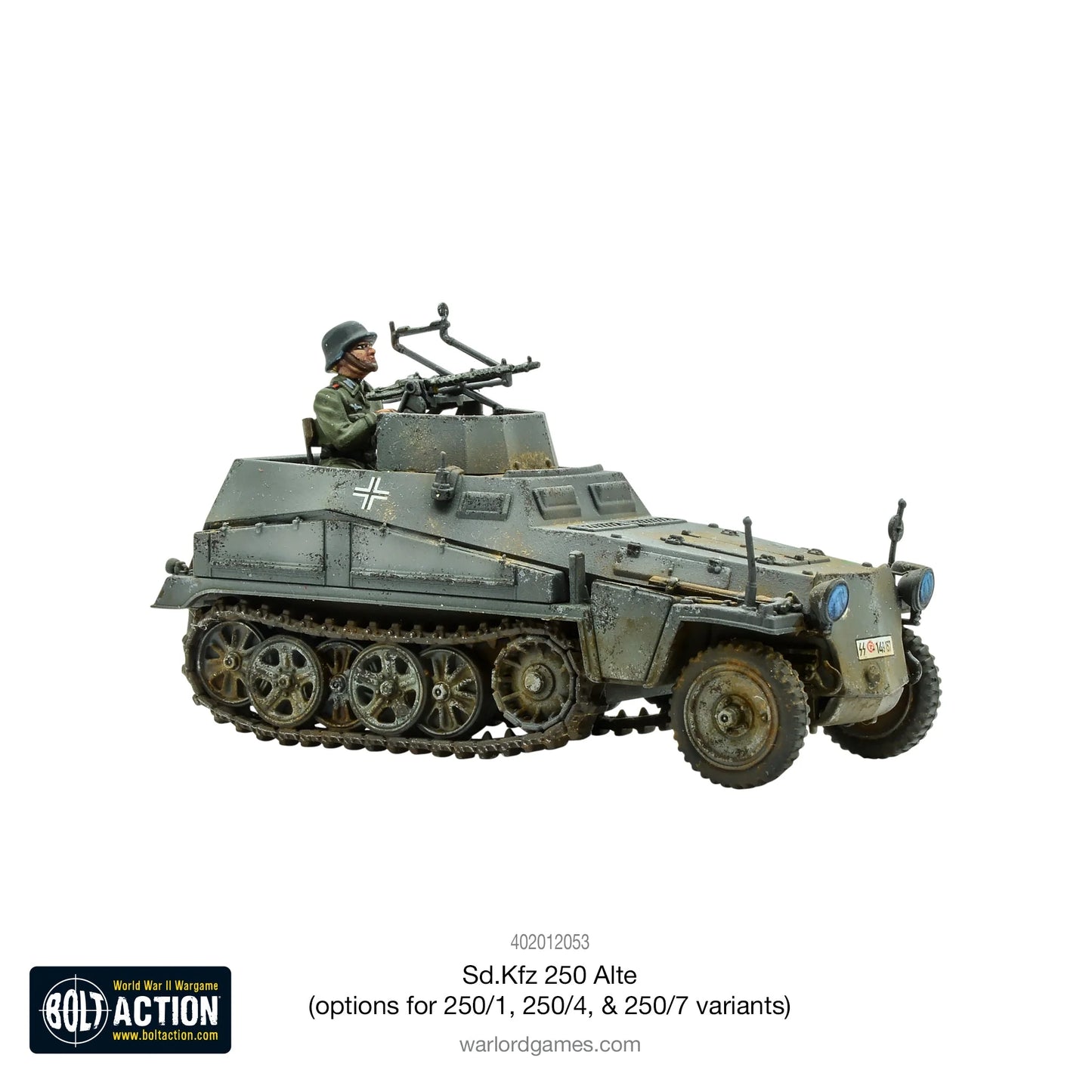 Sd.Kfz 250 Alte – widok z lewej strony, wariant z figurką załogi przy podwójnym MG34, skala 1/56 28mm
