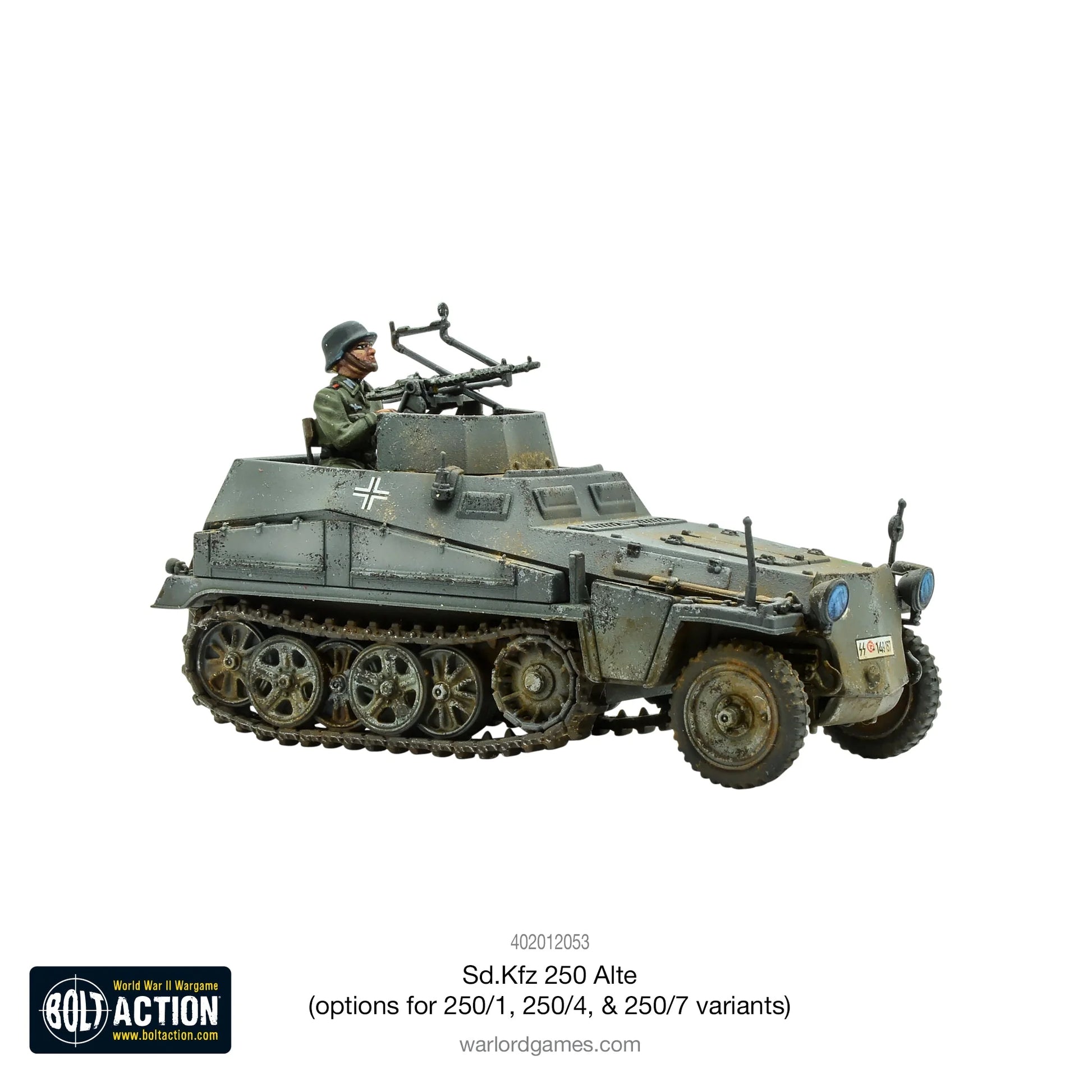 Sd.Kfz 250 Alte – widok z lewej strony, wariant z figurką załogi przy podwójnym MG34, skala 1/56 28mm

