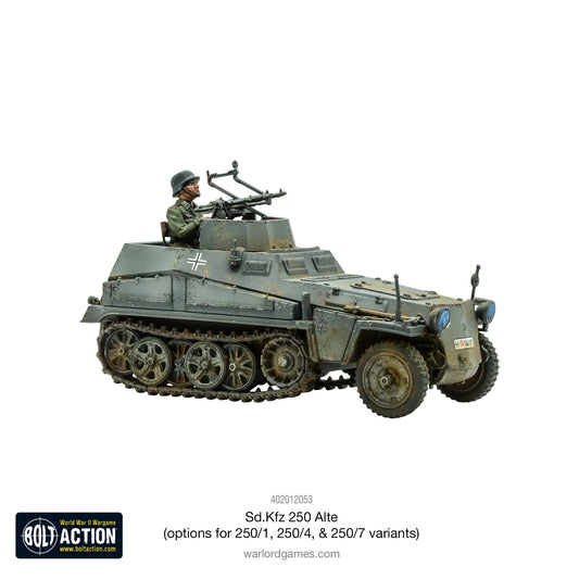 Sd.Kfz 250 Alte – widok z lewej strony, wariant z figurką załogi przy podwójnym MG34, skala 1/56 28mm
