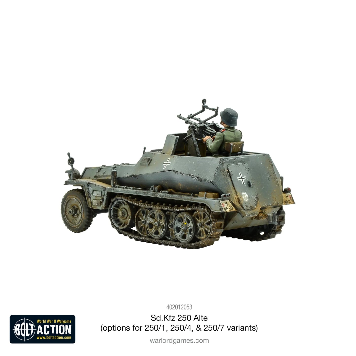 Sd.Kfz 250 Alte – widok z prawej strony, szczegóły pancerza i gąsienic, skala 1/56 28mm
