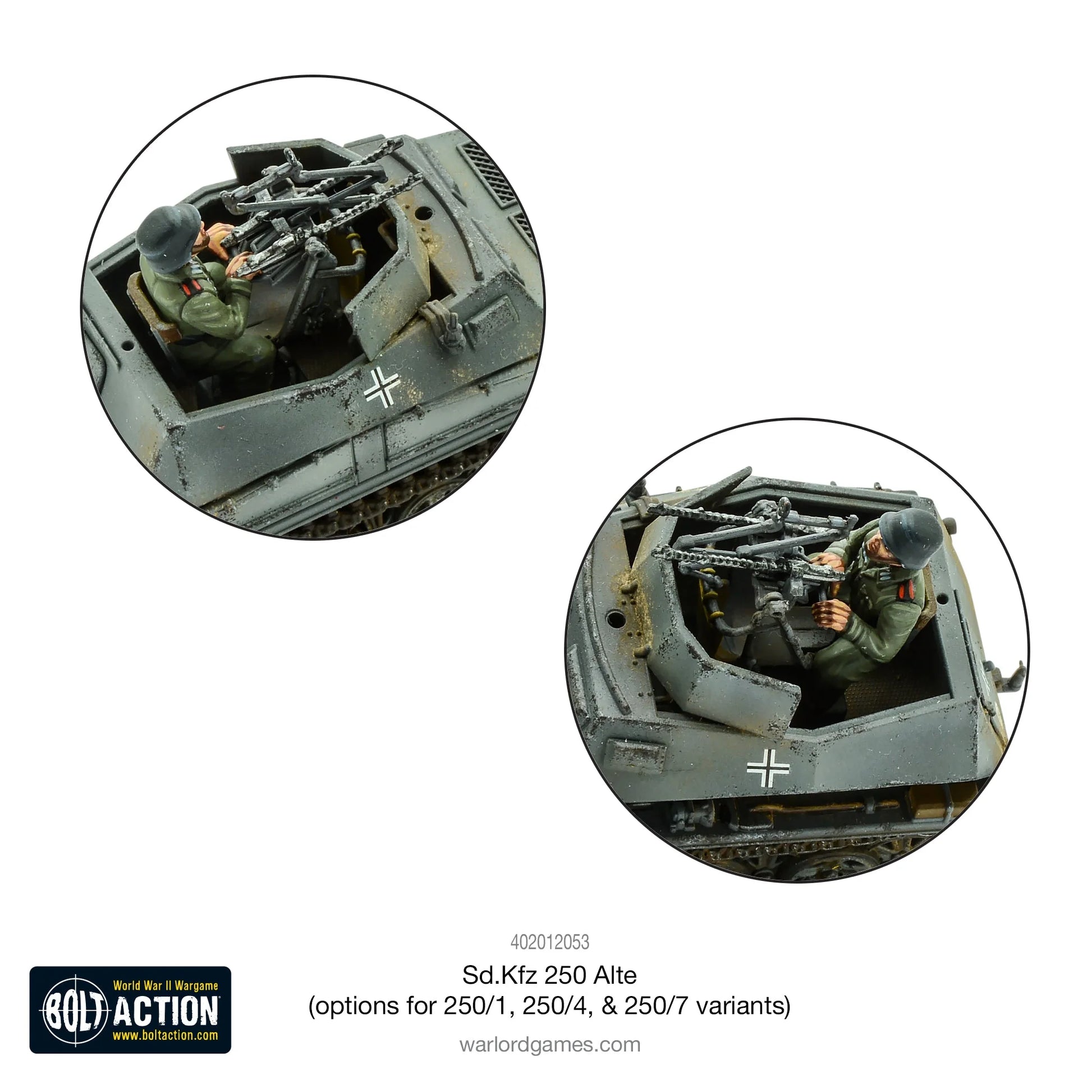 Sd.Kfz 250 Alte – detal wnętrza z figurką załogi obsługującą MG34, dwa ujęcia z góry

