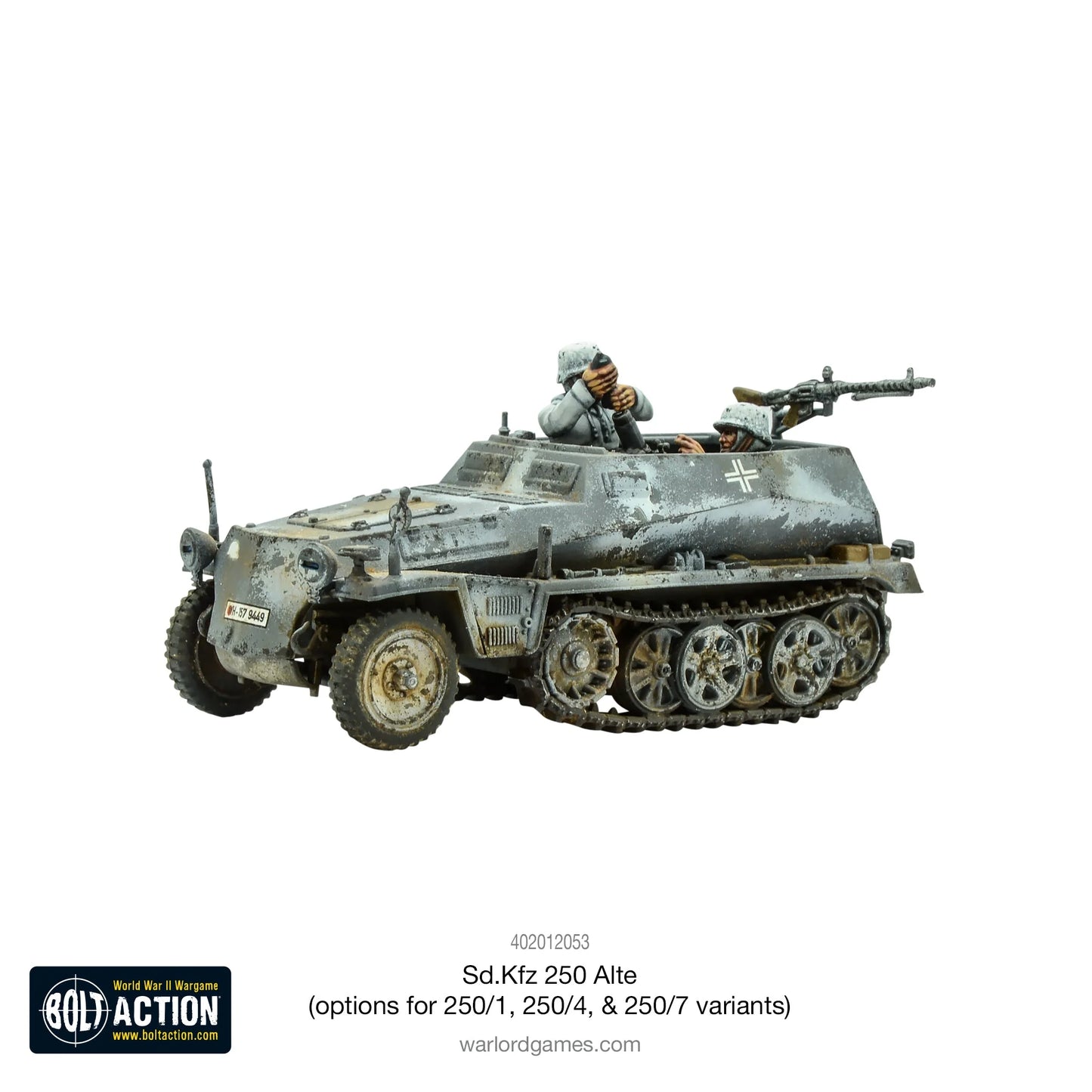 Sd.Kfz 250 Alte – widok z lewej strony, figurki załogi w mundurach zimowych przy MG34, skala 1/56 28mm Bolt Action
