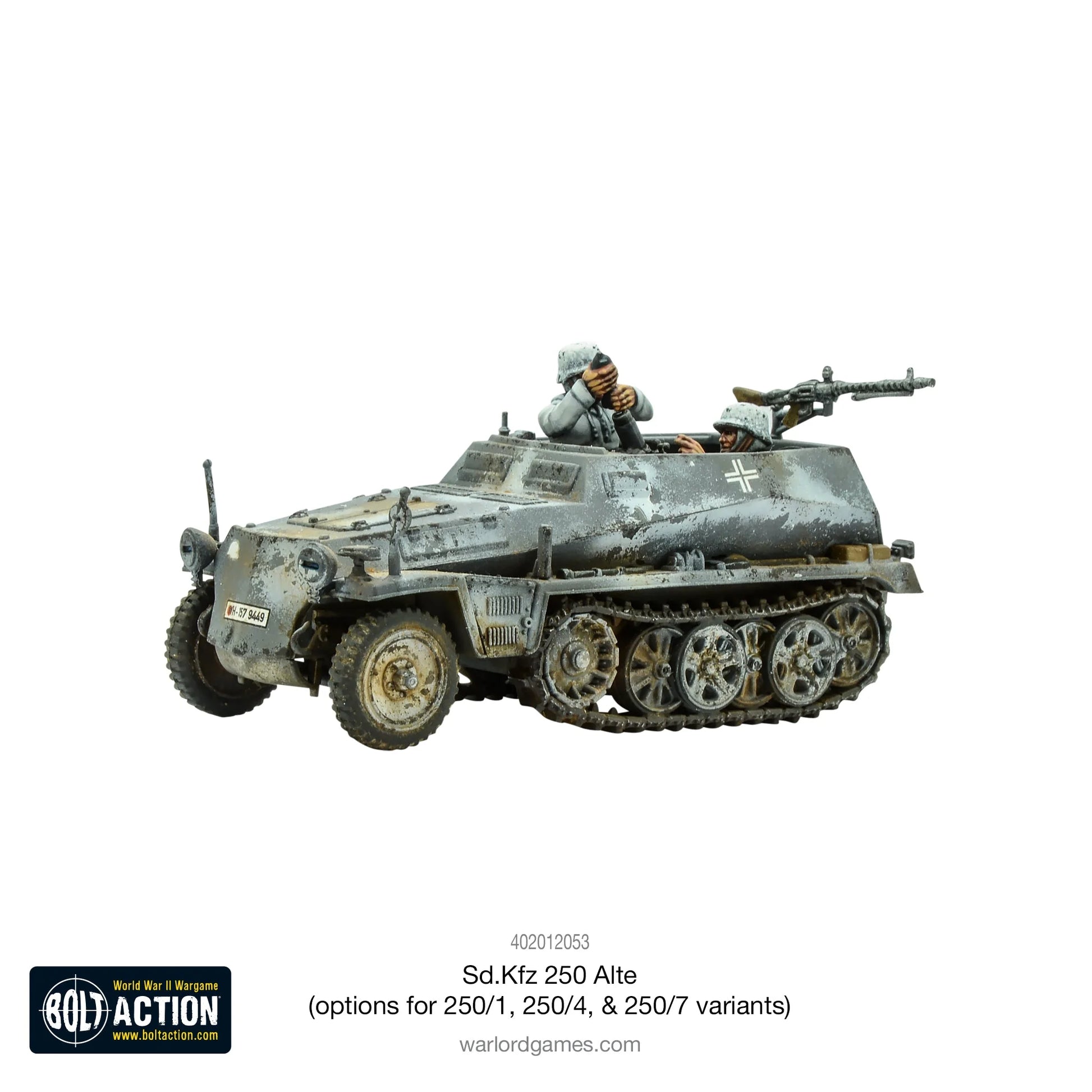 Sd.Kfz 250 Alte – widok z lewej strony, figurki załogi w mundurach zimowych przy MG34, skala 1/56 28mm Bolt Action
