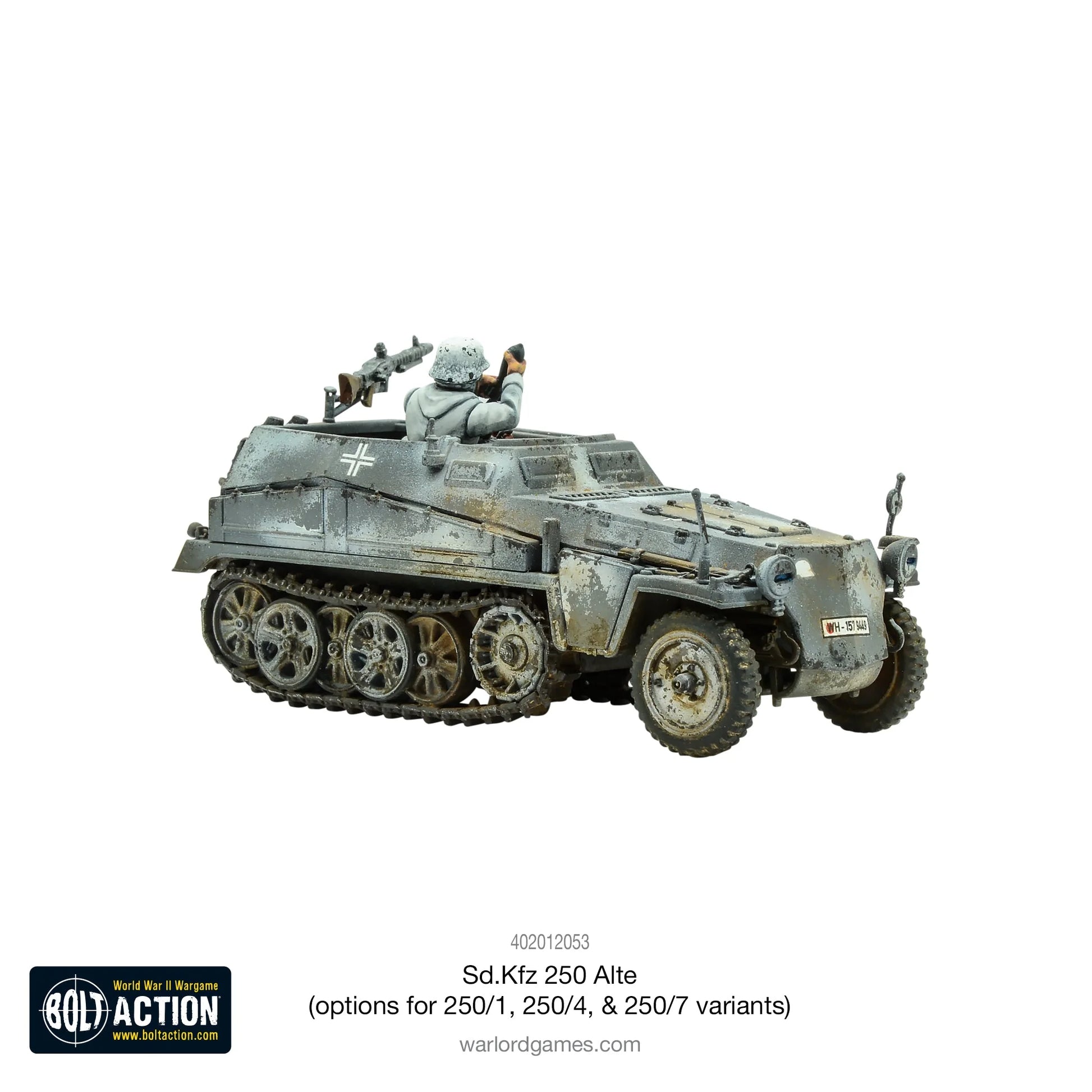 Sd.Kfz 250 Alte – widok z prawej strony, żołnierz w mundurze zimowym przy MG34, skala 1/56 28mm Bolt Action

