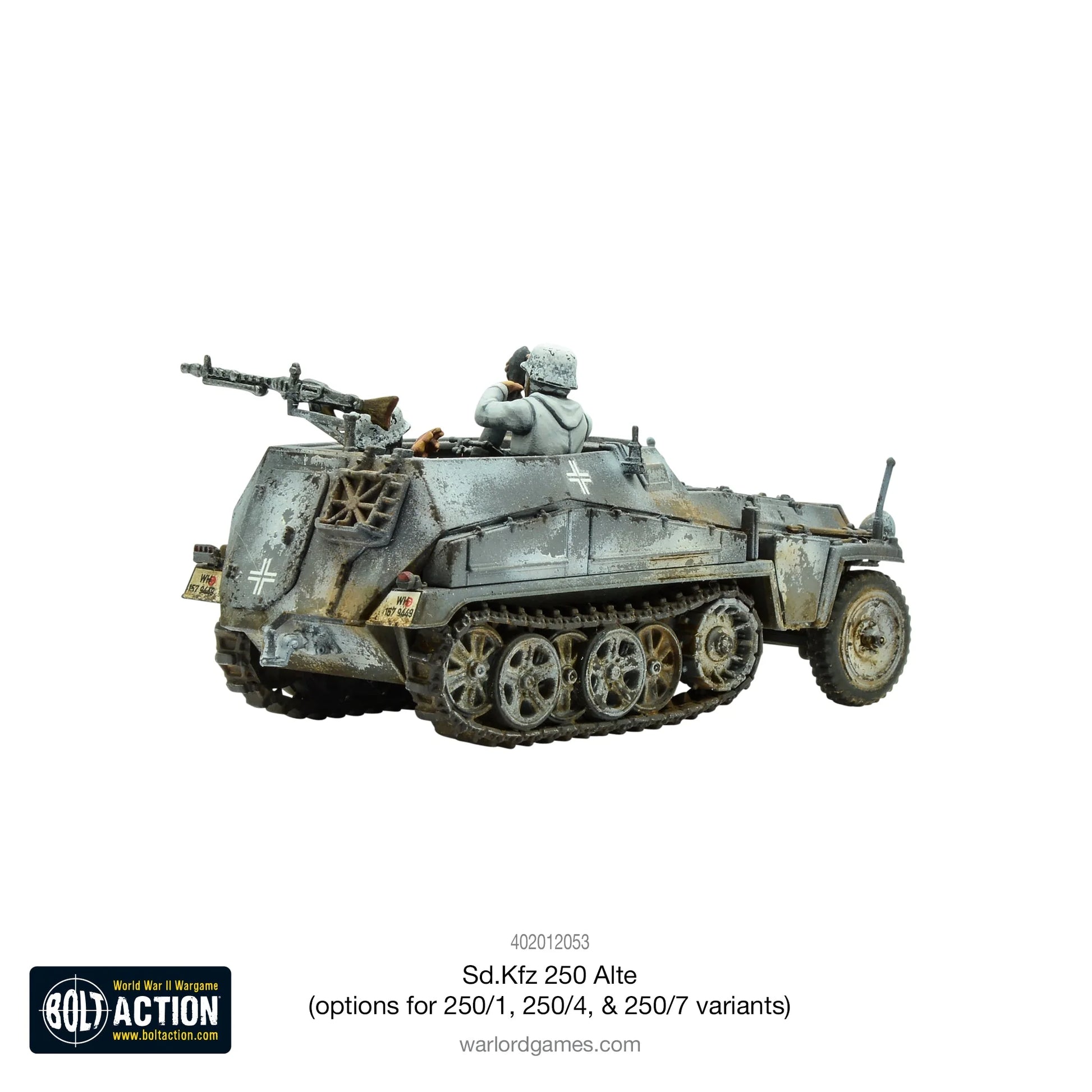 Sd.Kfz 250 Alte – widok z tyłu, MG34 na podstawie tylnej, figurka załogi w mundurze zimowym, skala 1/56 28mm
