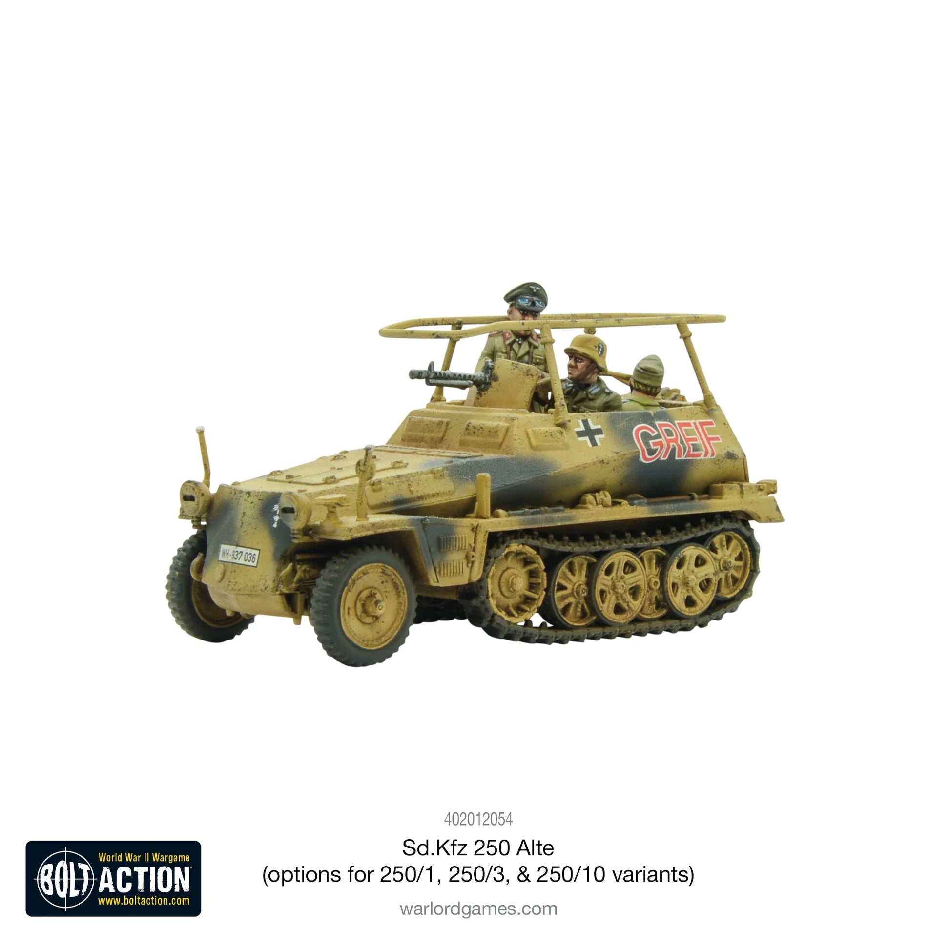 Sd.Kfz 250/3 Greif Alte Half-Track - Bolt Action 28mm - słynny pojazd dowodzenia Rommla z ramą antenową i figurką Feldmarszałka - kamuflaż pustynny dunkelgelb - widok z lewej strony - Warlord Games