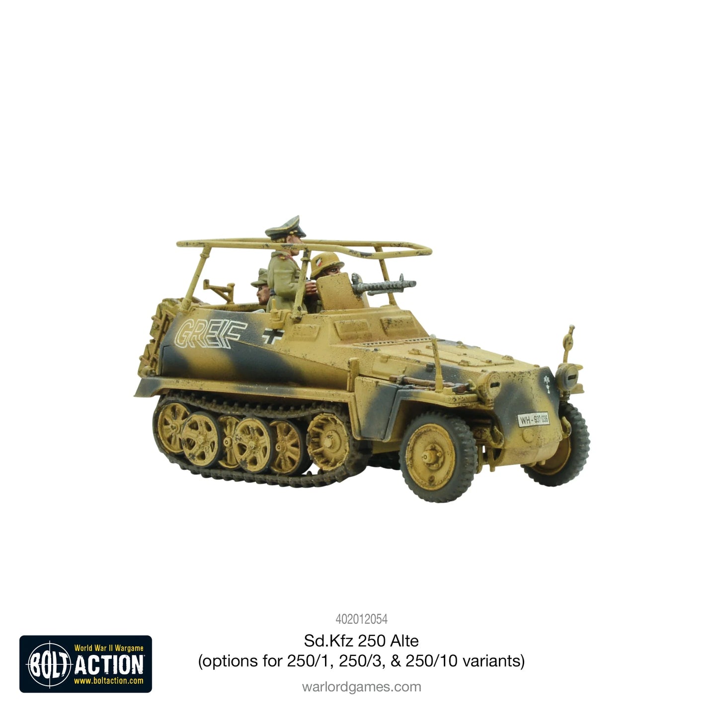 Sd.Kfz 250/3 Greif Alte Half-Track - Bolt Action 28mm - osobisty pojazd Erwina Rommla z napisem GREIF i ramą antenową radiową - kamuflaż Afrika Korps - widok z prawej strony - skala 1/56