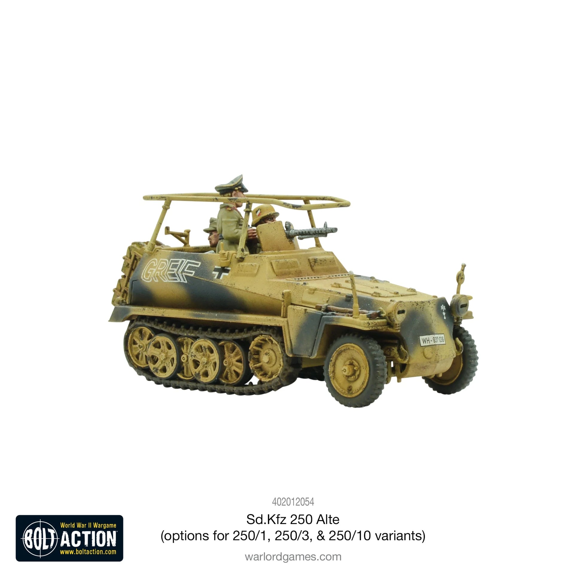 Sd.Kfz 250/3 Greif Alte Half-Track - Bolt Action 28mm - osobisty pojazd Erwina Rommla z napisem GREIF i ramą antenową radiową - kamuflaż Afrika Korps - widok z prawej strony - skala 1/56