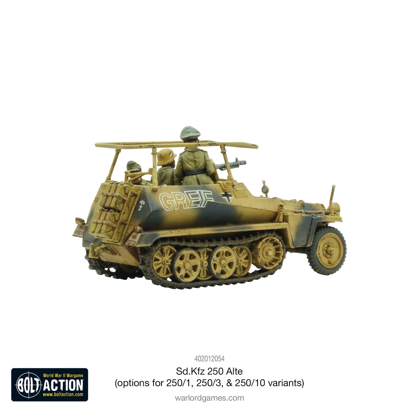 Sd.Kfz 250/3 Greif Alte Half-Track - Bolt Action 28mm - pojazd dowodzenia Pustynnego Lisa z figurkami załogi i ramą antenową - kamuflaż dunkelgelb - widok z tyłu - Warlord Games