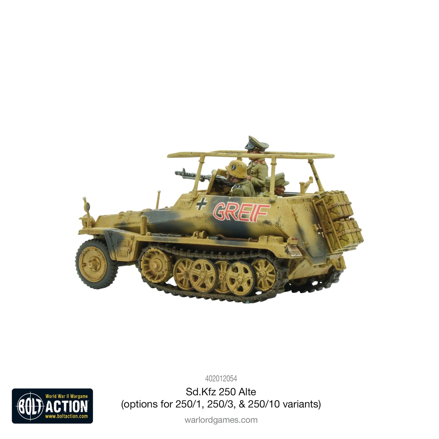 Sd.Kfz 250/3 Greif Alte Half-Track - Bolt Action 28mm - pojazd dowodzenia Rommla z figurką Feldmarszałka i załogą - kamuflaż pustynny dunkelgelb - widok z prawej strony - Warlord Games