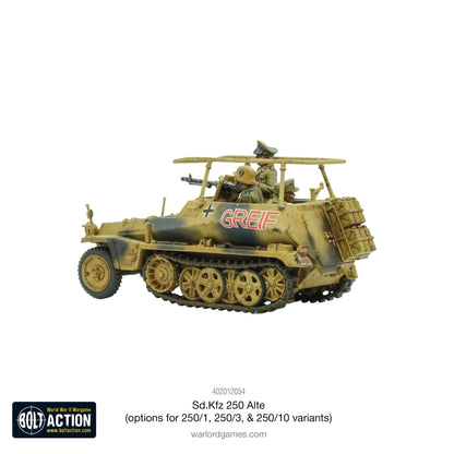 Sd.Kfz 250/3 Greif Alte Half-Track - Bolt Action 28mm - pojazd dowodzenia Rommla z figurką Feldmarszałka i załogą - kamuflaż pustynny dunkelgelb - widok z prawej strony - Warlord Games
