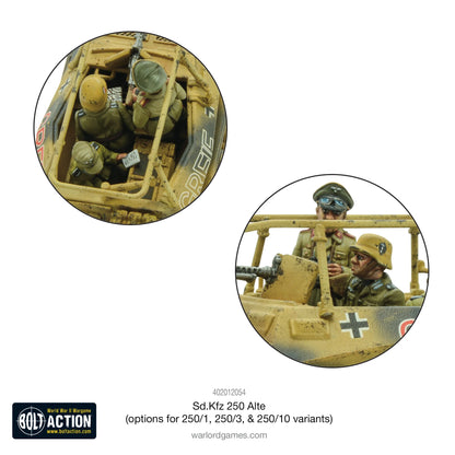 Sd.Kfz 250 Alte Half-Track - Bolt Action 28mm - detale wnętrza pojazdu z figurkami załogi Wehrmacht i Rommla - zbliżenie na wyposażenie i strzelców - skala 1/56