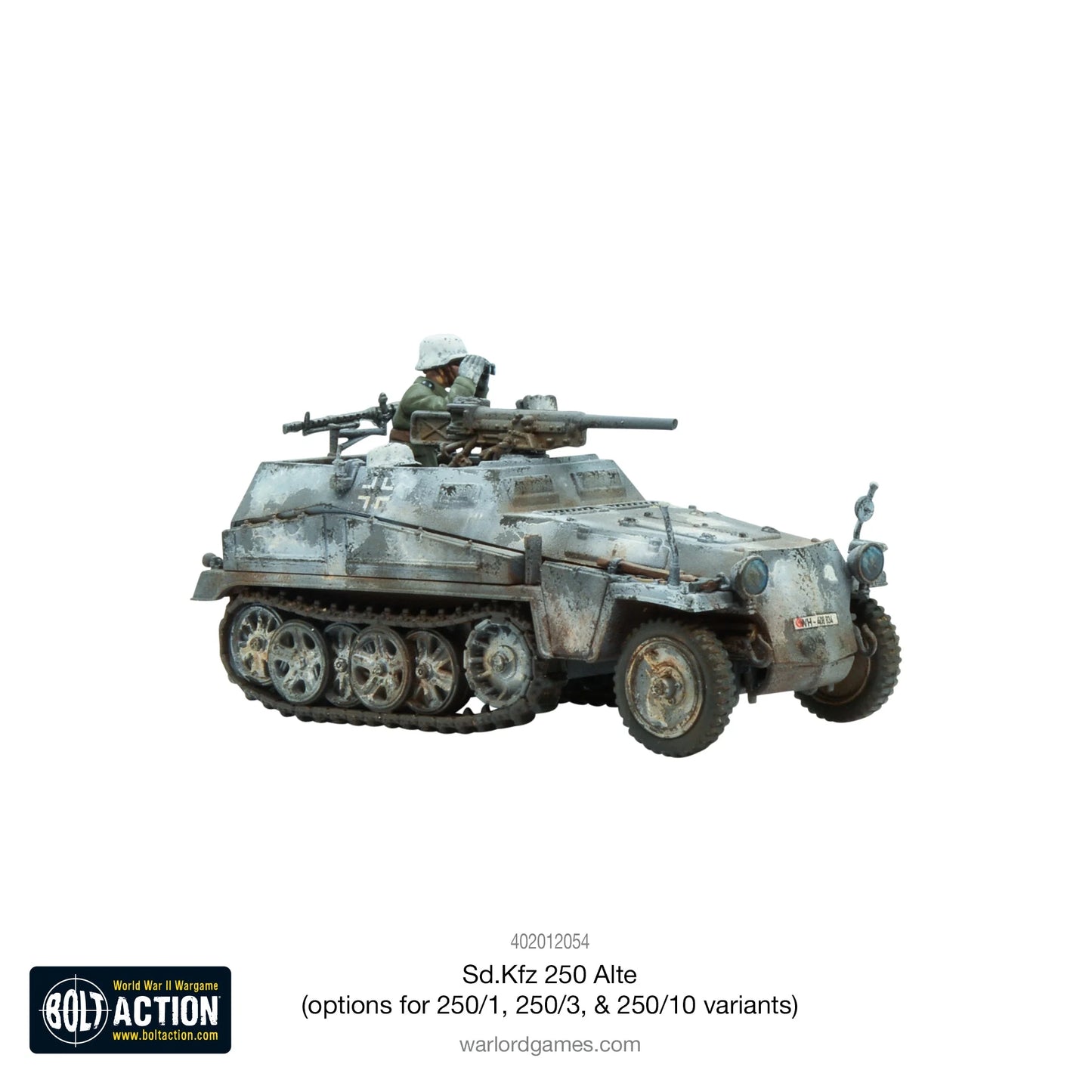 Sd.Kfz 250/10 Alte Half-Track - Bolt Action 28mm - wariant dowódcy plutonu z działkiem przeciwpancernym 3,7cm PaK 35/36 i figurką załogi - kamuflaż zimowy biały - widok z lewej strony - Warlord Games
