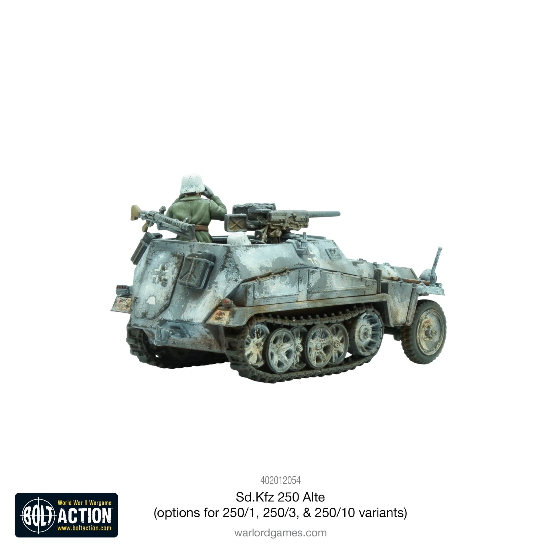 Sd.Kfz 250/10 Alte Half-Track - Bolt Action 28mm - niemiecki pojazd z działkiem PaK 35/36 i załogą w mundurach zimowych - kamuflaż biały - widok z tyłu - skala 1/56
