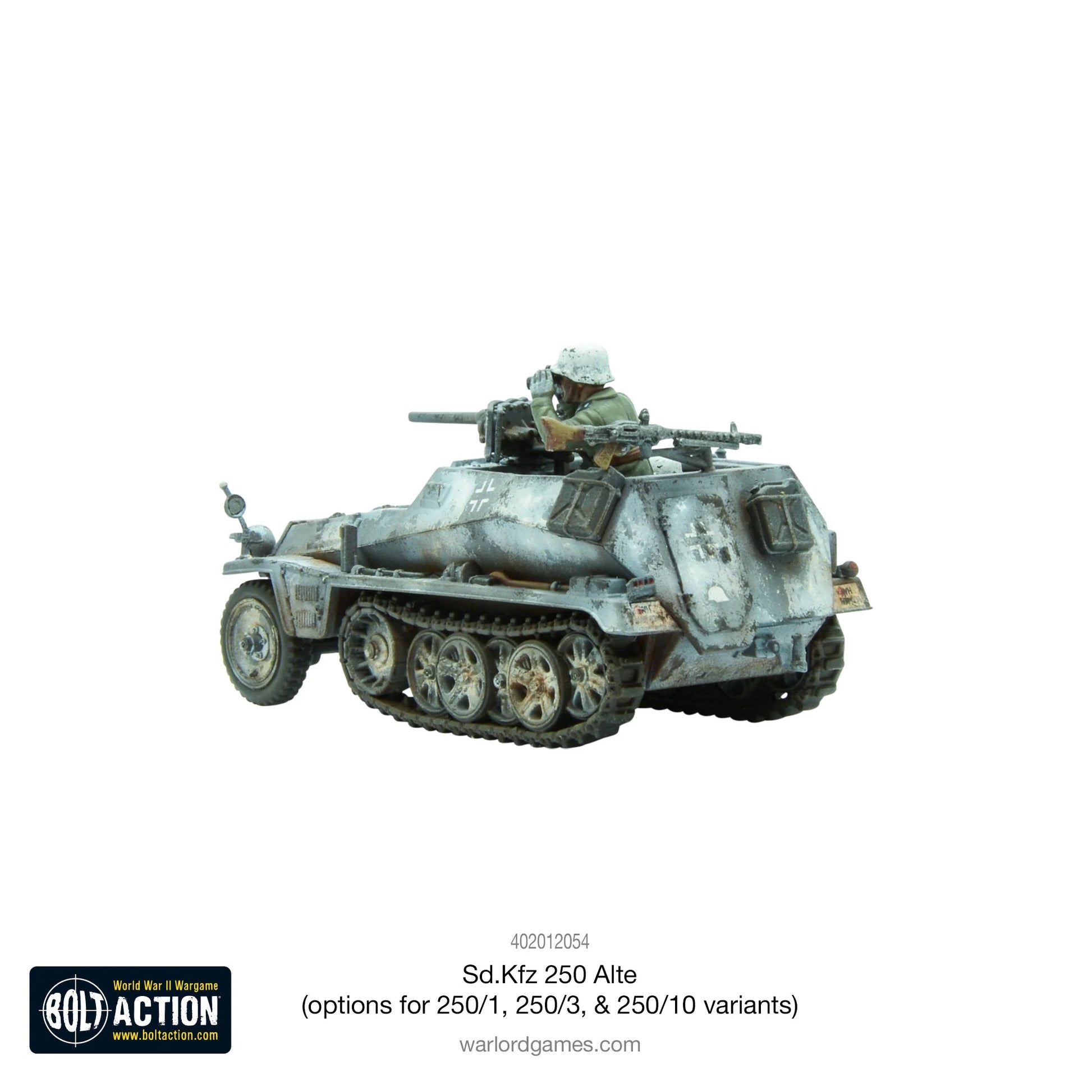 Sd.Kfz 250/10 Alte Half-Track - Bolt Action 28mm - wariant dowódcy z działkiem przeciwpancernym 3,7cm PaK 35/36 i figurką załogi - kamuflaż zimowy - widok z lewej strony - Warlord Games
