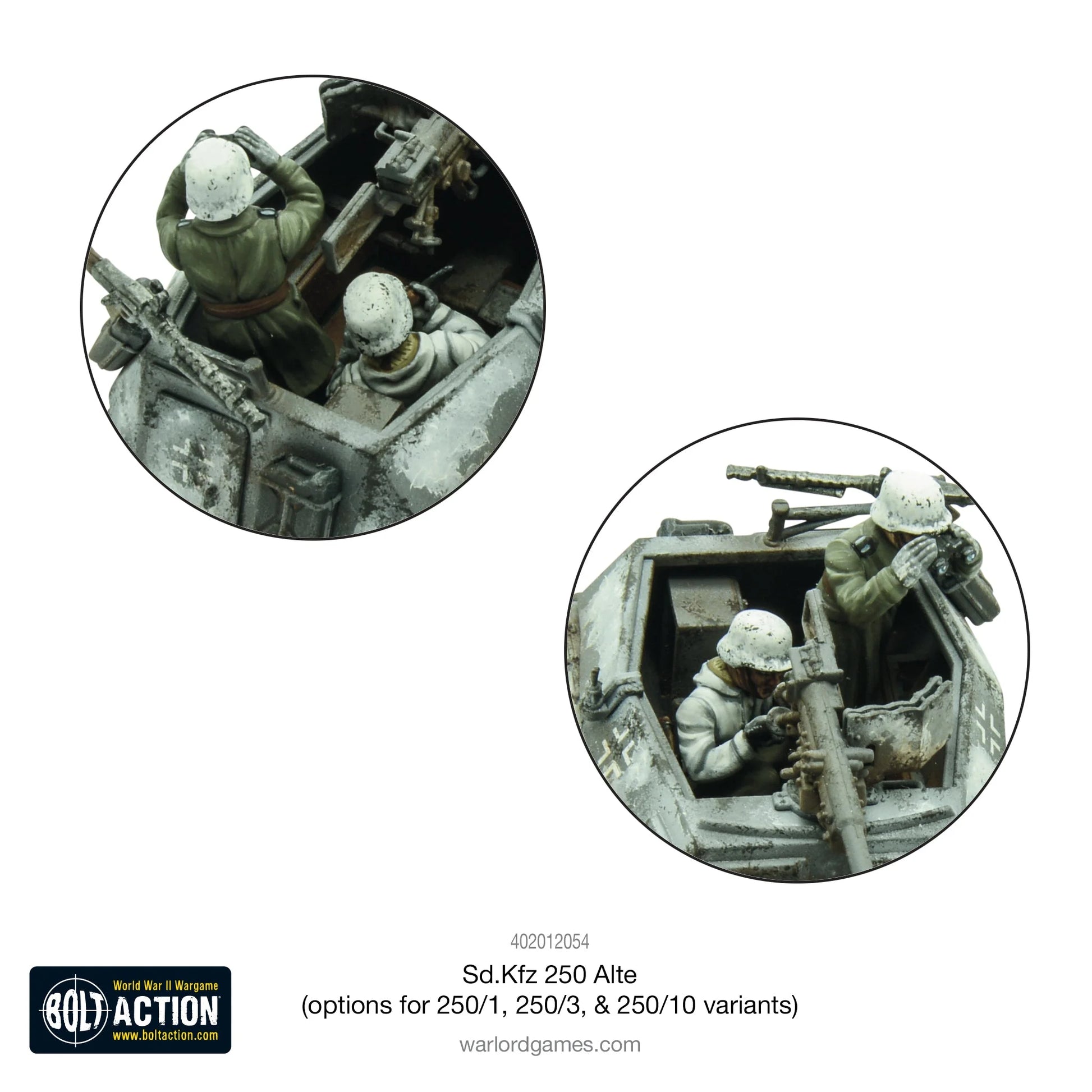 Sd.Kfz 250 Alte Half-Track - Bolt Action 28mm - detale wnętrza pojazdu z figurkami załogi Wehrmacht w mundurach zimowych - zbliżenie na strzelców z karabinami maszynowymi - Warlord Games