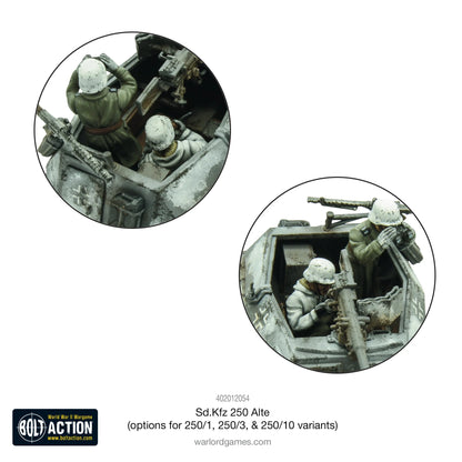 Sd.Kfz 250 Alte Half-Track - Bolt Action 28mm - detale wnętrza pojazdu z figurkami załogi Wehrmacht w mundurach zimowych - zbliżenie na strzelców z karabinami maszynowymi - Warlord Games