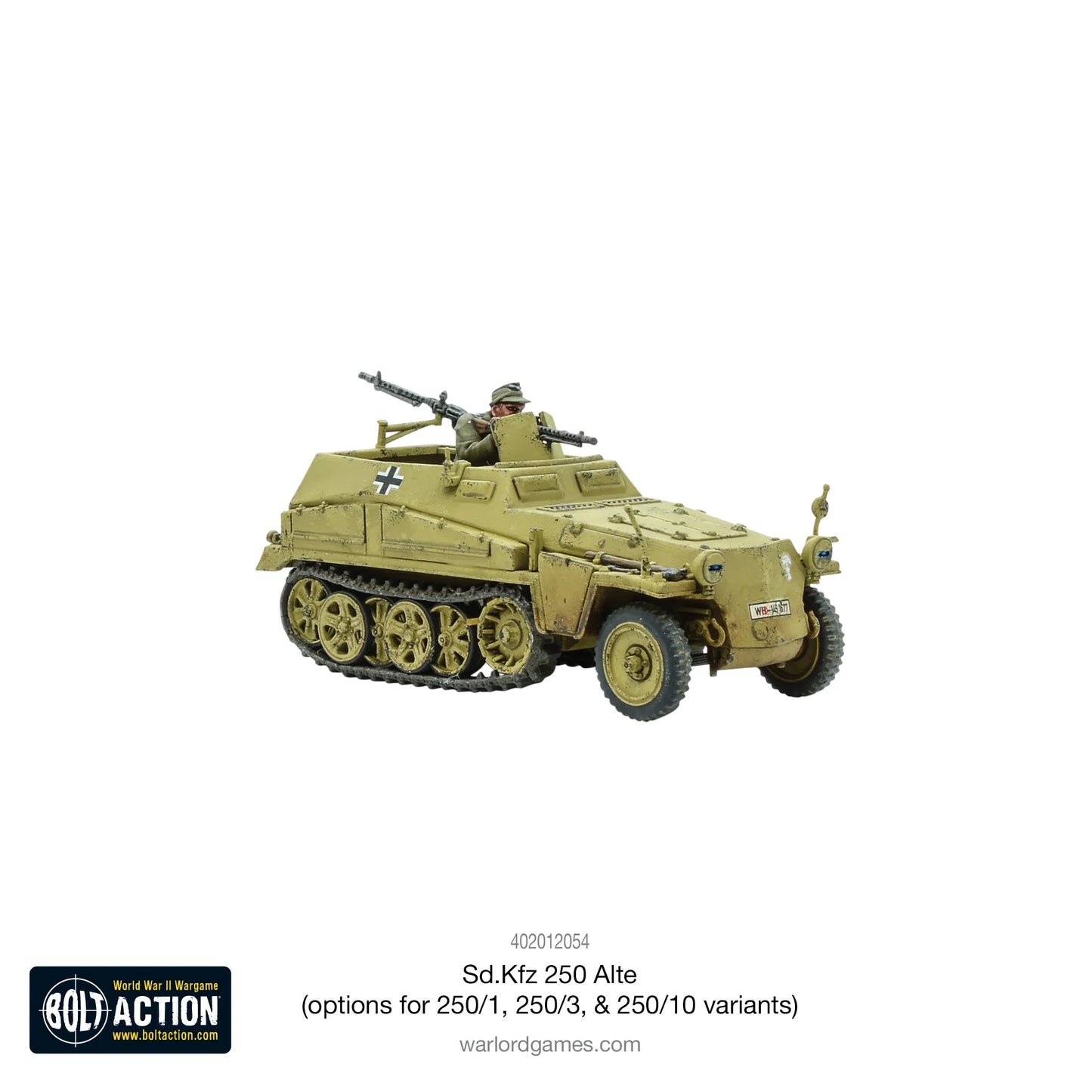 Sd.Kfz 250/1 Alte Half-Track - Bolt Action 28mm - standardowy wariant z dwoma karabinami maszynowymi MG34 i figurką załogi - kamuflaż dunkelgelb pustynny - widok z lewej strony - skala 1/56