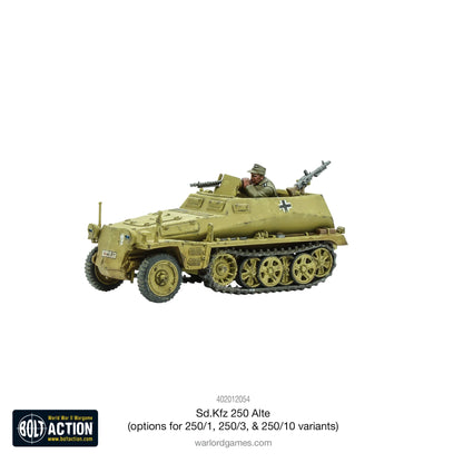 Sd.Kfz 250/1 Alte Half-Track - Bolt Action 28mm - niemiecki transporter gąsienicowy z figurką strzelca i dwoma MG34 - kamuflaż dunkelgelb - widok z prawej strony - Warlord Games