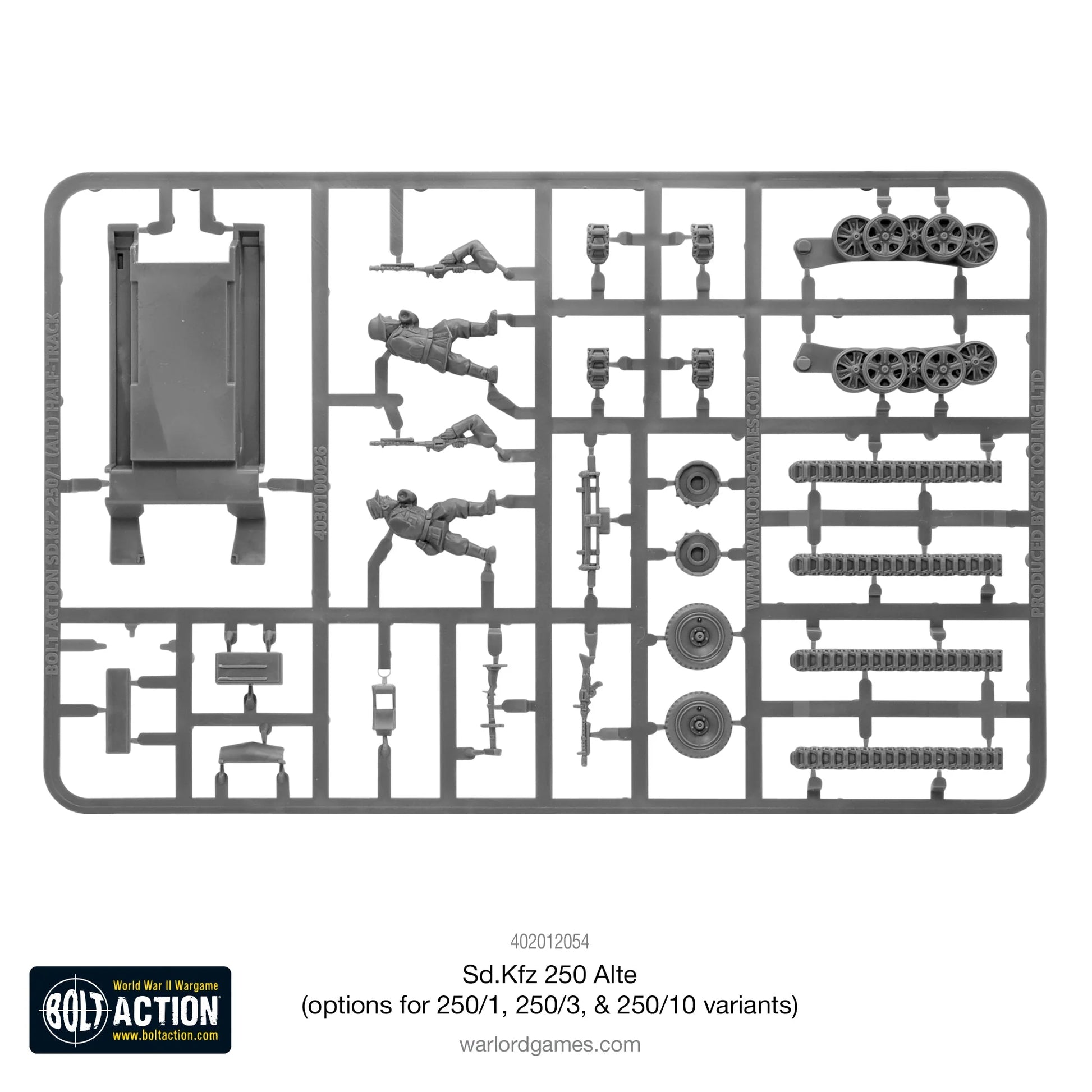 Sd.Kfz 250 Alte Half-Track - Bolt Action 28mm - ramka plastikowa z gąsienicami, kołami, działkiem PaK 35/36 i figurkami załogi - części do montażu trzech wariantów - skala 1/56