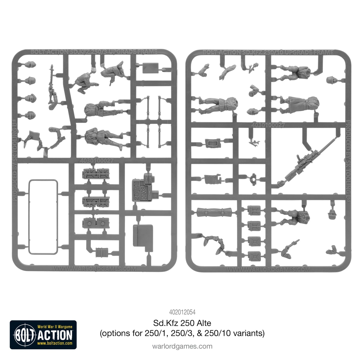 Sd.Kfz 250 Alte Half-Track - Bolt Action 28mm - ramki plastikowe z figurkami załogi, Rommla, działkiem PaK 35/36 i ramą antenową - kompletny zestaw części do montażu wariantów 250/1, 250/3, 250/10 - Warlord Games