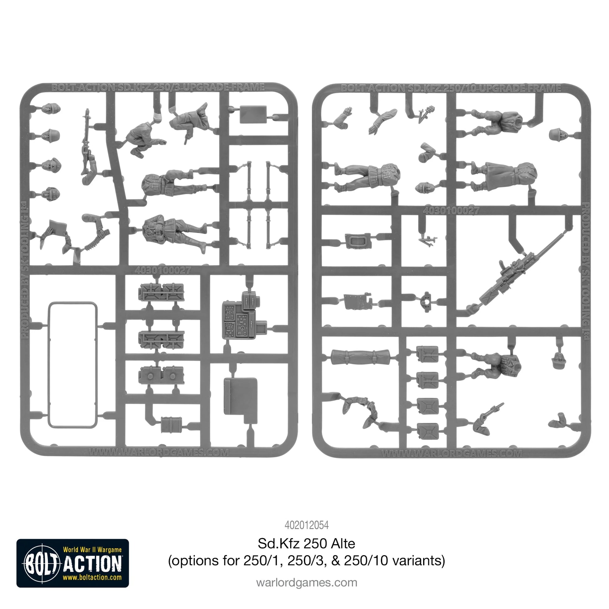 Sd.Kfz 250 Alte Half-Track - Bolt Action 28mm - ramki plastikowe z figurkami załogi, Rommla, działkiem PaK 35/36 i ramą antenową - kompletny zestaw części do montażu wariantów 250/1, 250/3, 250/10 - Warlord Games