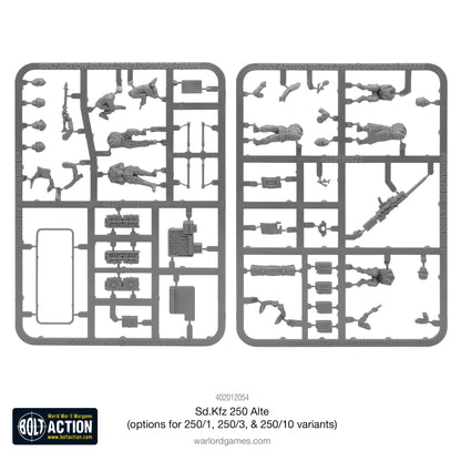 Sd.Kfz 250 Alte Half-Track - Bolt Action 28mm - ramki plastikowe z figurkami załogi, Rommla, działkiem PaK 35/36 i ramą antenową - kompletny zestaw części do montażu wariantów 250/1, 250/3, 250/10 - Warlord Games