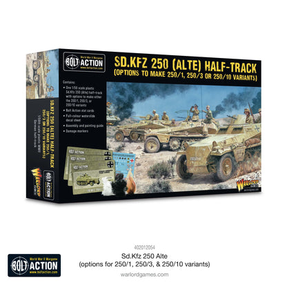 Sd.Kfz 250 Alte Half-Track - Bolt Action 28mm - opakowanie produktu z ilustracją pojazdów w akcji bojowej w Afryce Północnej - warianty 250/1, 250/3 Greif, 250/10 - Warlord Games