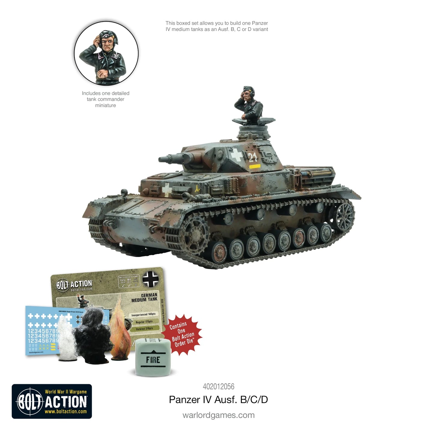 Panzer IV Ausf B C D - Bolt Action 1/56 28mm - czołg średni z krótkołufową haubicą 75mm w kamuflażu z dowódcą kalkomaniami i znacznikami - zawartość zestawu - Warlord Games