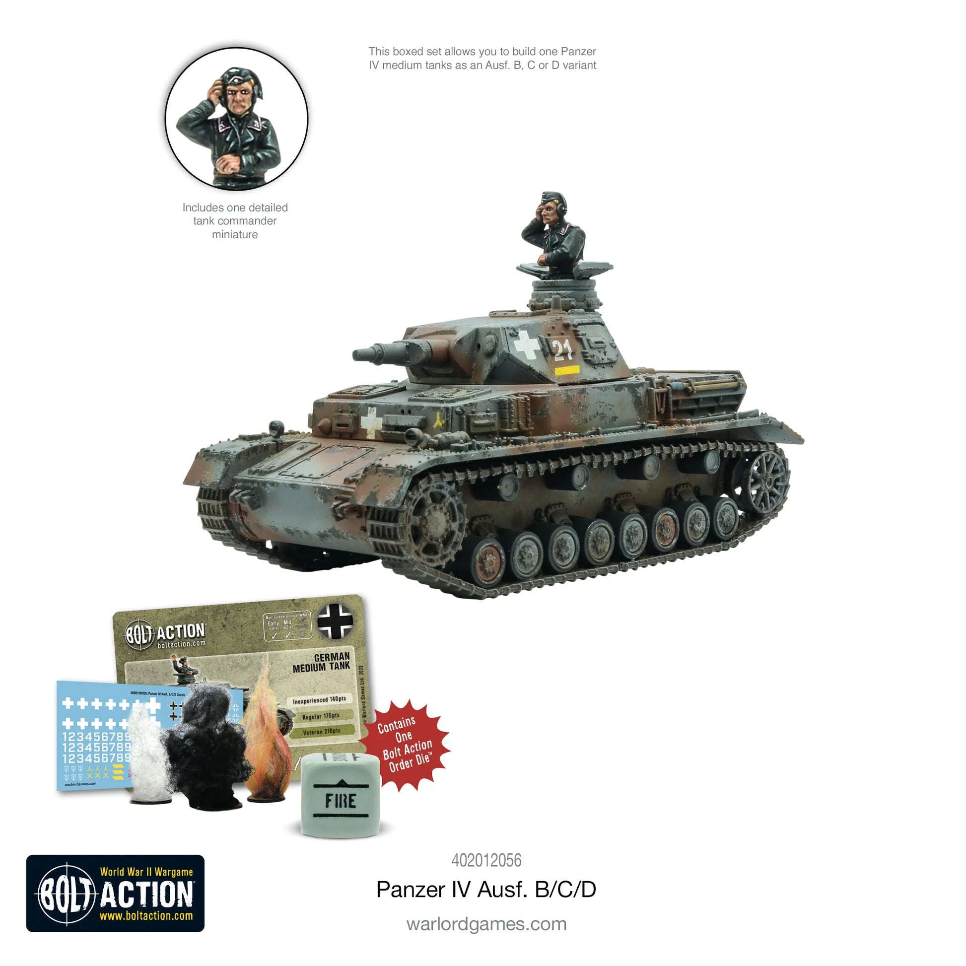 Panzer IV Ausf B C D - Bolt Action 1/56 28mm - czołg średni z krótkołufową haubicą 75mm w kamuflażu z dowódcą kalkomaniami i znacznikami - zawartość zestawu - Warlord Games