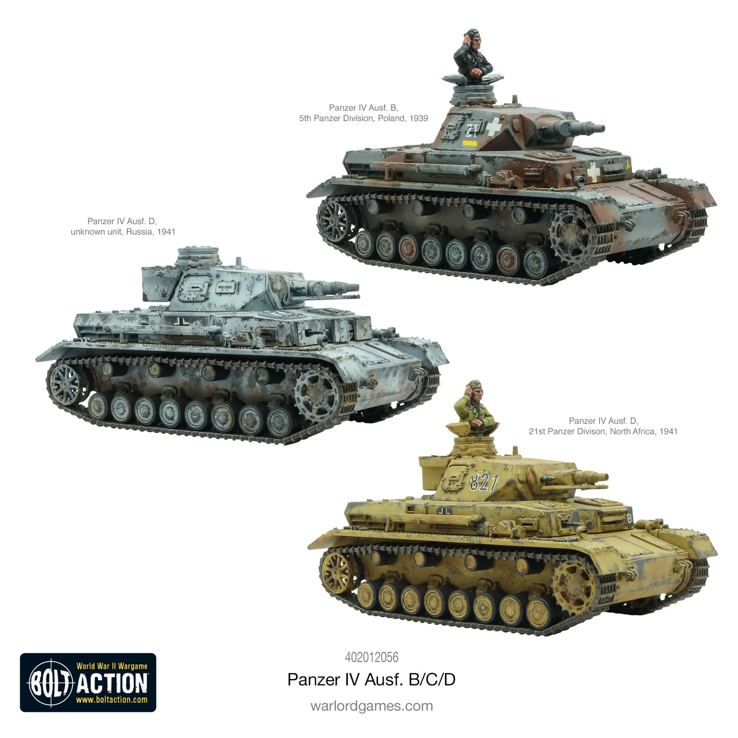 Panzer IV Ausf B C D - Bolt Action 1/56 28mm - trzy warianty Ausf B Polska 1939, Ausf D Rosja 1941 zimowy, Ausf D Afryka Północna 1941 pustynny - widok z boku - Warlord Games