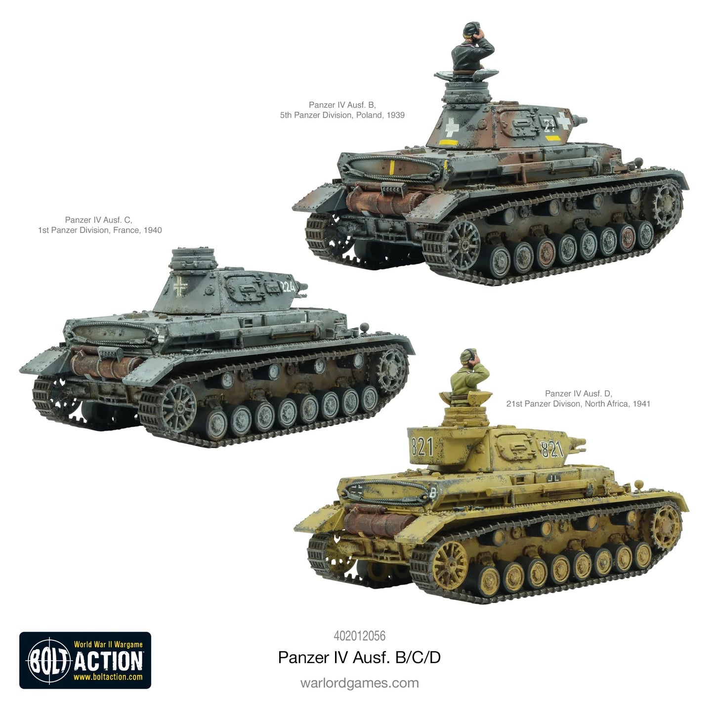 Panzer IV Ausf B C D - Bolt Action 1/56 28mm - trzy warianty Ausf B Polska 1939, Ausf C Francja 1940, Ausf D Afryka Północna 1941 - widok z przodu - Warlord Games