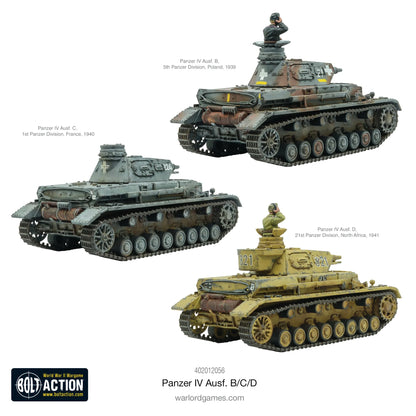 Panzer IV Ausf B C D - Bolt Action 1/56 28mm - trzy warianty Ausf B Polska 1939, Ausf C Francja 1940, Ausf D Afryka Północna 1941 - widok z przodu - Warlord Games